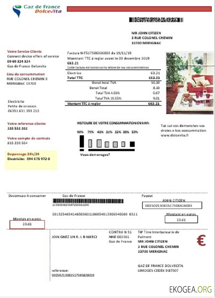 France Gaz de France Dolcevita utility bill